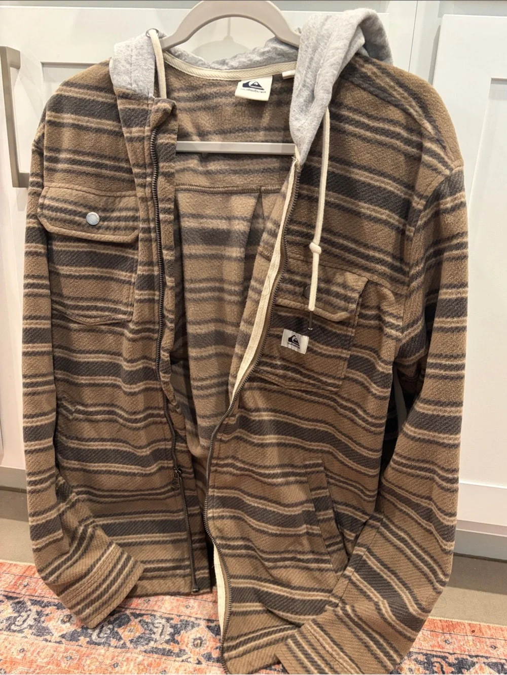 Quiksilver Hooded Striped Flannel Jacket in Brown and Gray